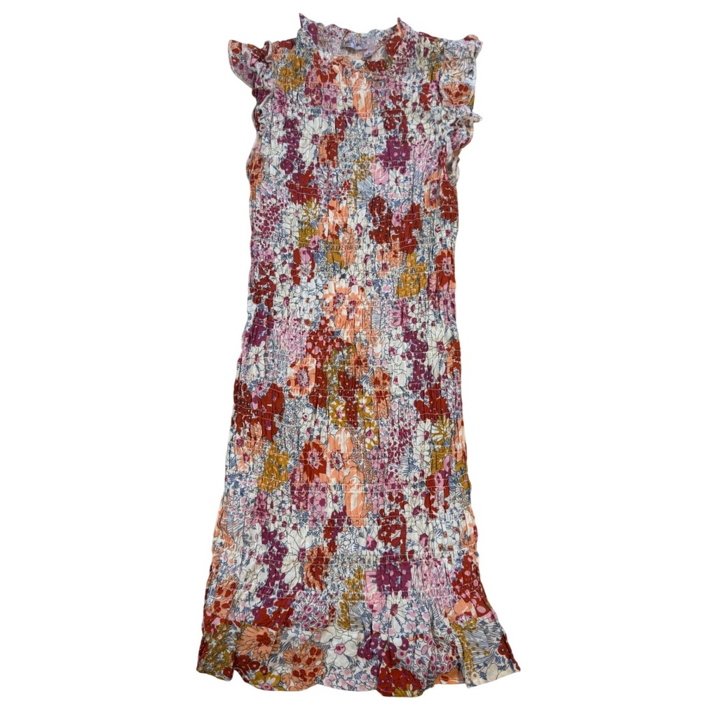 Willow Root Floral Smocked Midi Dress Womens Small Ruffle Sleeve and Neck Boho